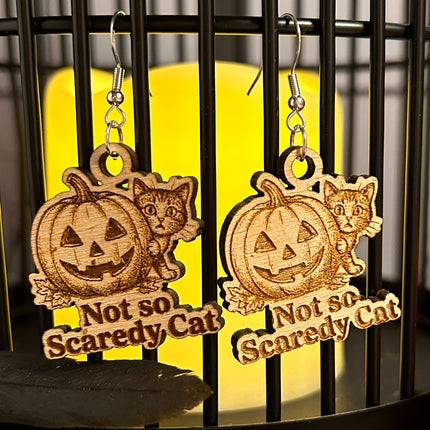 Cat & Pumpkin Halloween Earrings | "Not So Scaredy Cat" Wood