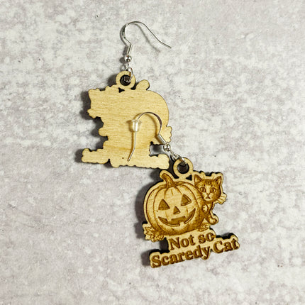 Cat & Pumpkin Halloween Earrings | "Not So Scaredy Cat" Wood