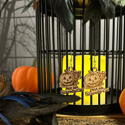 Cat & Pumpkin Halloween Earrings | "Not So Scaredy Cat" Wood