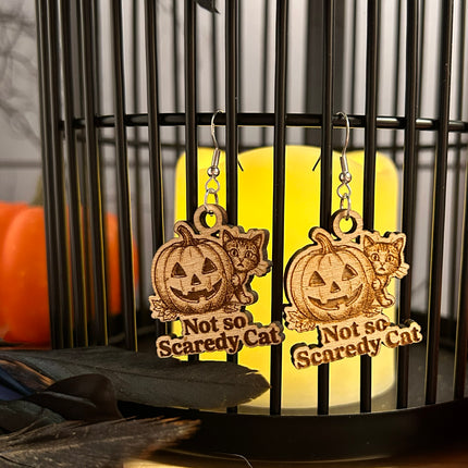Cat & Pumpkin Halloween Earrings | "Not So Scaredy Cat" Wood