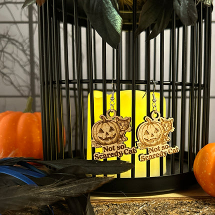 Cat & Pumpkin Halloween Earrings | "Not So Scaredy Cat" Wood