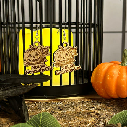 Cat & Pumpkin Halloween Earrings | "Not So Scaredy Cat" Wood