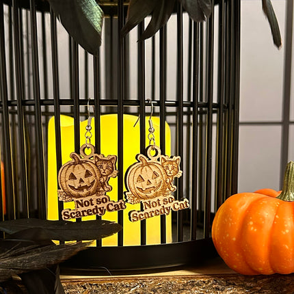 Cat & Pumpkin Halloween Earrings | "Not So Scaredy Cat" Wood