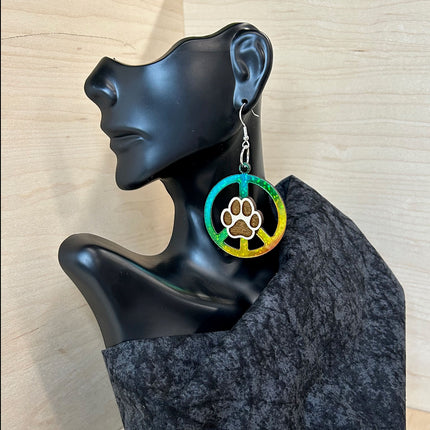 Holographic rainbow Peace sign earrings with paw print