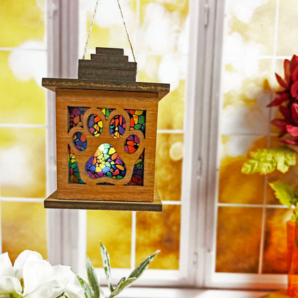 Mahogany Wood Tealight Lantern with Elegant Paw Print Cutouts and Stained Glass Insert