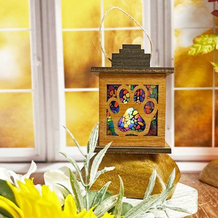 Mahogany Wood Tealight Lantern with Elegant Paw Print Cutouts and Stained Glass Insert