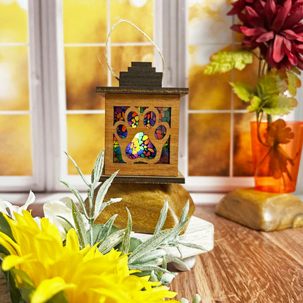 Mahogany Wood Tealight Lantern with Elegant Paw Print Cutouts and Stained Glass Insert