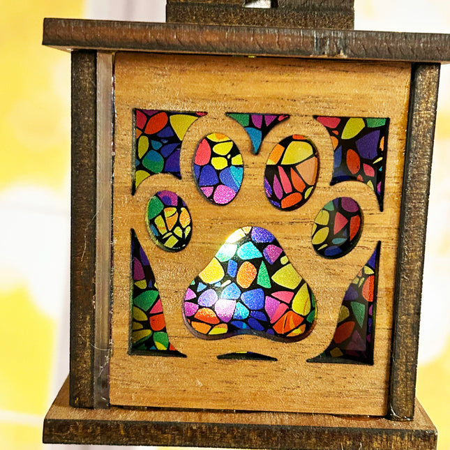 Mahogany Wood Tealight Lantern with Elegant Paw Print Cutouts and Stained Glass Insert