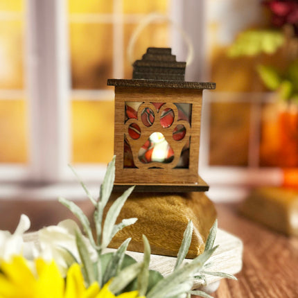 Mahogany Wood Tealight Lantern with Elegant Paw Print Cutouts and Stained Glass Insert