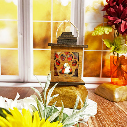 Mahogany Wood Tealight Lantern with Elegant Paw Print Cutouts and Stained Glass Insert