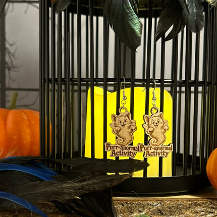 Ghost Cat Earrings | "Purr-anormal Activity" Halloween Wood