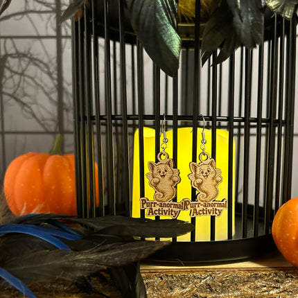 Ghost Cat Earrings | "Purr-anormal Activity" Halloween Wood