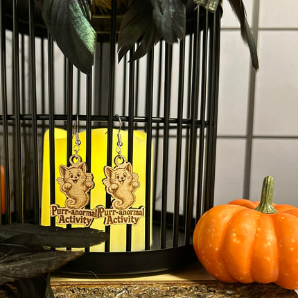 Ghost Cat Earrings | "Purr-anormal Activity" Halloween Wood