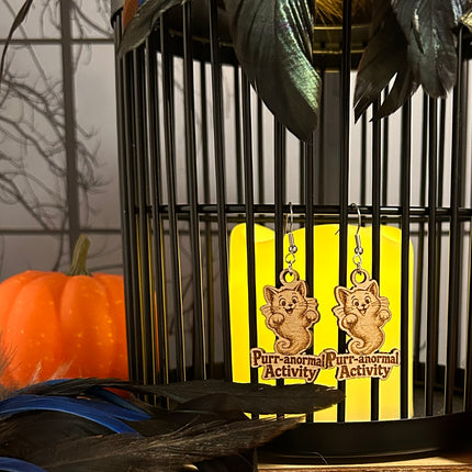 Ghost Cat Earrings | "Purr-anormal Activity" Halloween Wood