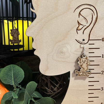 Ghost Cat Earrings | "Purr-anormal Activity" Halloween Wood