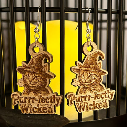 Witch Cat Earrings | "Purrr-fectly Wicked" Halloween Wood