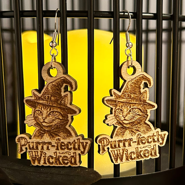 Witch Cat Earrings | "Purrr-fectly Wicked" Halloween Wood