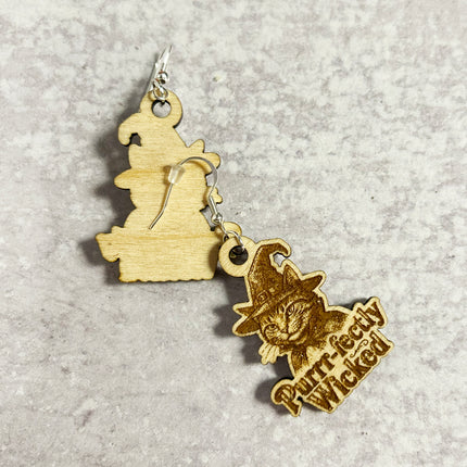Witch Cat Earrings | "Purrr-fectly Wicked" Halloween Wood
