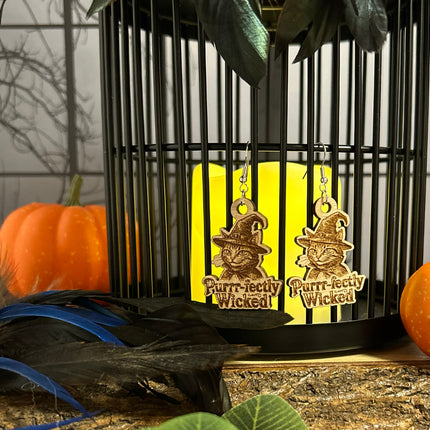 Witch Cat Earrings | "Purrr-fectly Wicked" Halloween Wood