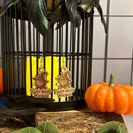 Witch Cat Earrings | "Purrr-fectly Wicked" Halloween Wood