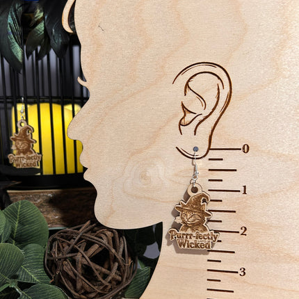 Witch Cat Earrings | "Purrr-fectly Wicked" Halloween Wood