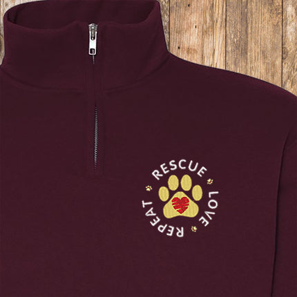Fleece Quarter-Zip Sweatshirt with Embroidered Paw Print and 'Rescue Love Repeat'