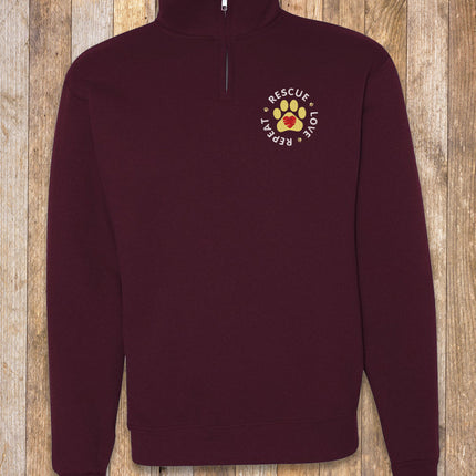 Fleece Quarter-Zip Sweatshirt with Embroidered Paw Print and 'Rescue Love Repeat'