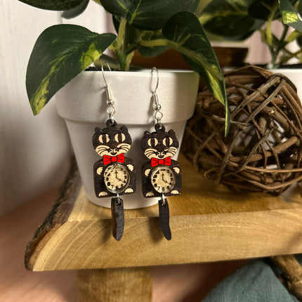 Earrings - Cat Clock Earrings with Blue Bow Tie – Whimsical Cat Lover Jewelry