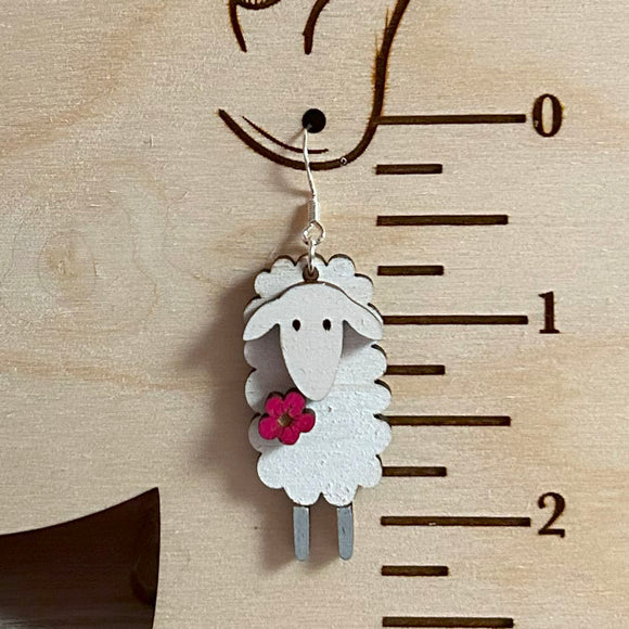 3D Skinny Sheep Hand Painted Wood Earrings