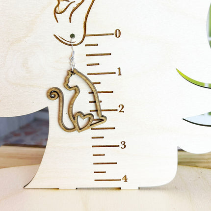 Cat-Shaped Cut Out Wood Earrings with Heart Detail