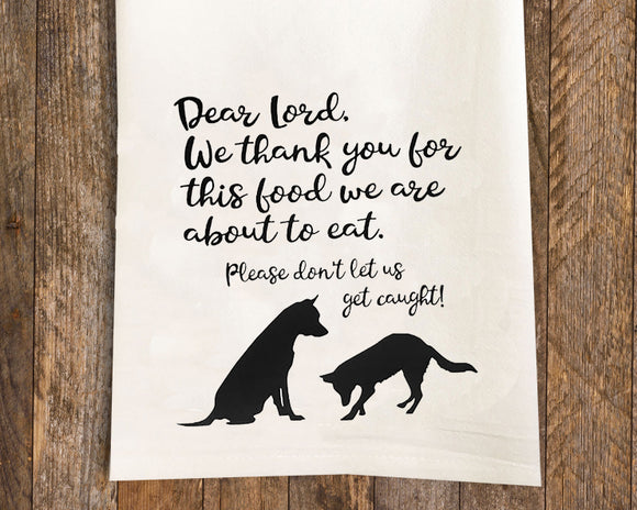 Dogs Saying Grace Tea Towel / Dog Themed Flour Sack Cotton Towel