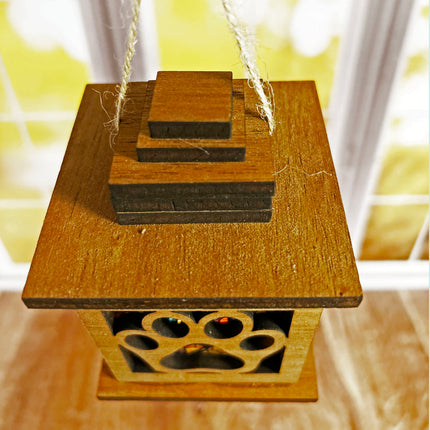 Mahogany Wood Tealight Lantern with Elegant Paw Print Cutouts and Stained Glass Insert