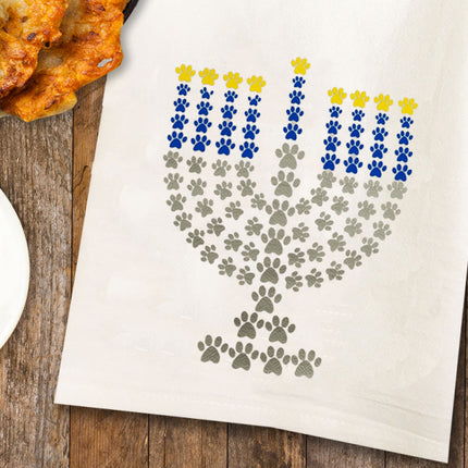 Paw Print Menorah Hannukah Tea Towel / Dog Themed Flour Sack Cotton Towel