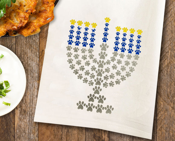 Paw Print Menorah Hannukah Tea Towel / Dog Themed Flour Sack Cotton Towel