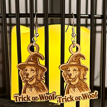 Witch Dog Earrings | "Trick or Woof" Halloween Engraved Wood