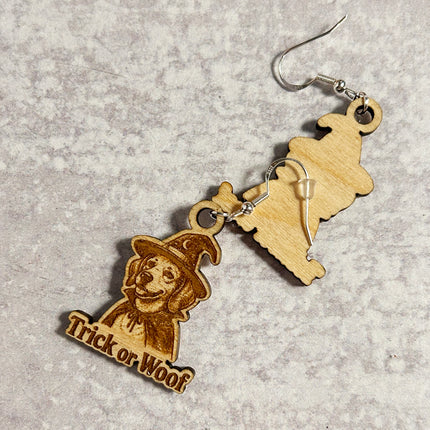 Witch Dog Earrings | "Trick or Woof" Halloween Engraved Wood