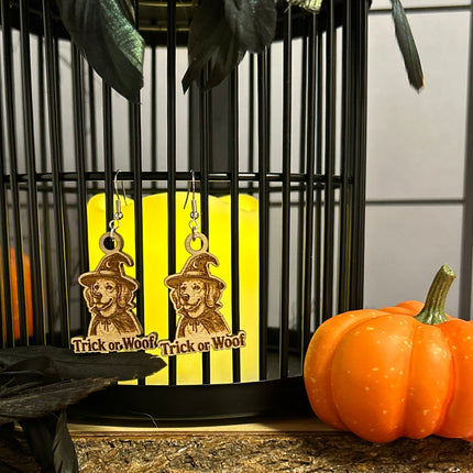 Witch Dog Earrings | "Trick or Woof" Halloween Engraved Wood