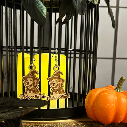 Witch Dog Earrings | "Trick or Woof" Halloween Engraved Wood