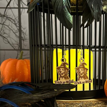 Witch Dog Earrings | "Trick or Woof" Halloween Engraved Wood