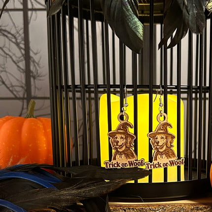 Witch Dog Earrings | "Trick or Woof" Halloween Engraved Wood