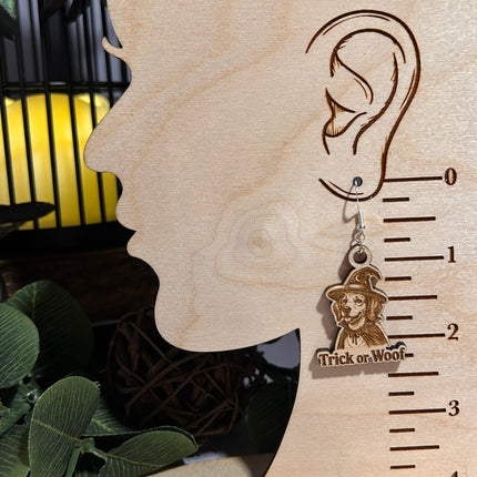 Witch Dog Earrings | "Trick or Woof" Halloween Engraved Wood