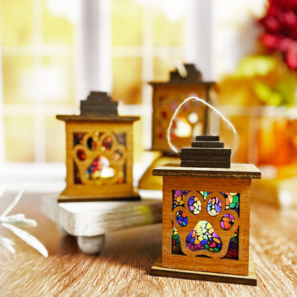 Mahogany Wood Tealight Lantern with Elegant Paw Print Cutouts and Stained Glass Insert