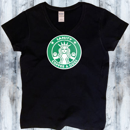 Sanity * Coffee & Dogs V-Neck T-Shirt