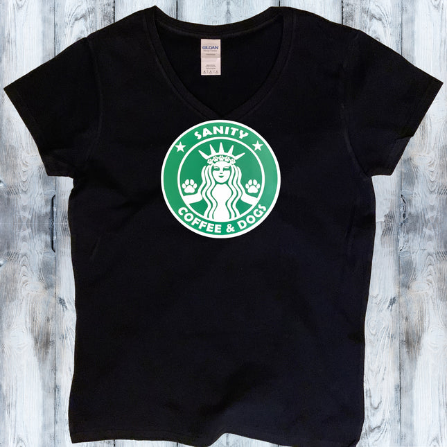 Sanity * Coffee & Dogs V-Neck T-Shirt