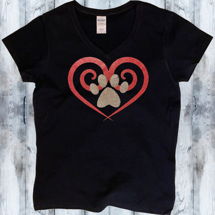 Glitter Spiral Heart Paw Print V-Neck T-Shirt