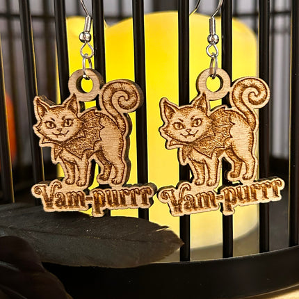 Vampire Cat Earrings | "Vam-purrr" Halloween Engraved Wood