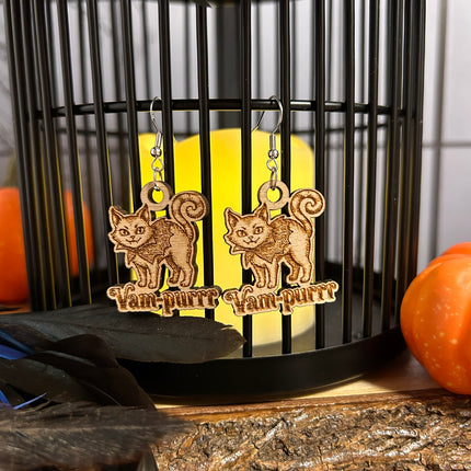 Vampire Cat Earrings | "Vam-purrr" Halloween Engraved Wood