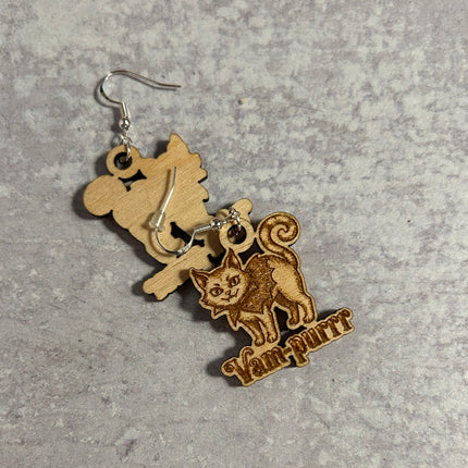 Vampire Cat Earrings | "Vam-purrr" Halloween Engraved Wood