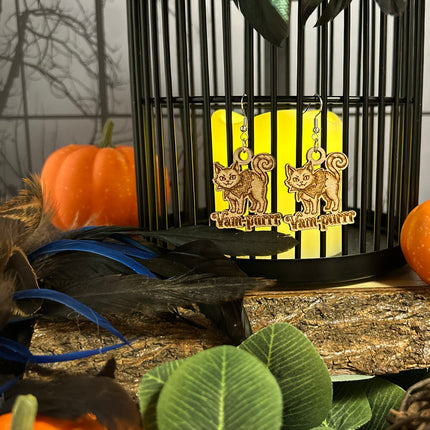 Vampire Cat Earrings | "Vam-purrr" Halloween Engraved Wood