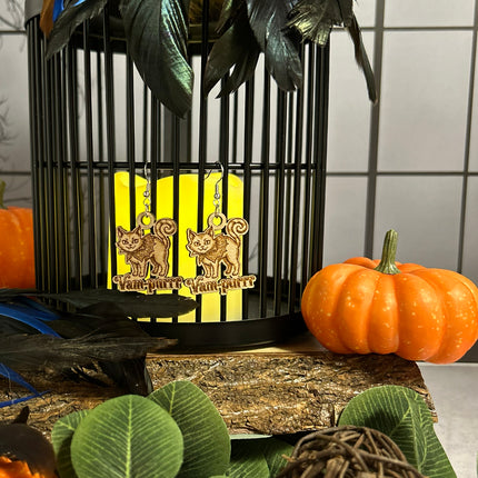 Vampire Cat Earrings | "Vam-purrr" Halloween Engraved Wood
